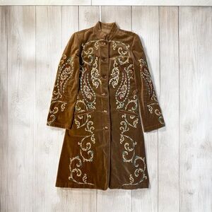 Johnny Was Women’s Small Embroidered Boho Jacket Corduroy Brown Long Boho Jacket